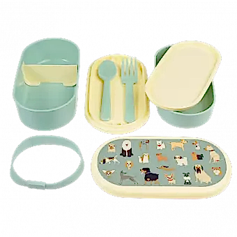Bento box parts: base section with divider, tray with fork and spoon, middle tray, upper section, elastic strap and lid