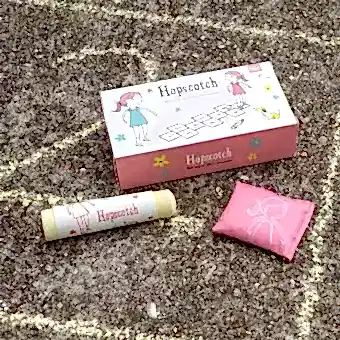 Hopscotch game chalk and bean bag unpacked