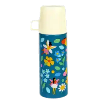 Small dark blue stainless steel flask with cream plastic cup featuring fairies amongst flowers