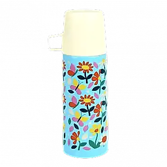 Small light blue stainless steel flask with cream plastic cup featuring butterflies amongst flowers