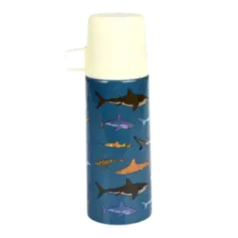 Small dark blue stainless steel flask with cream plastic cup featuring pictures of sharks