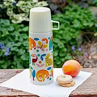 Small white stainless steel flask with cream plastic cup featuring colourful illustrations of wild animals