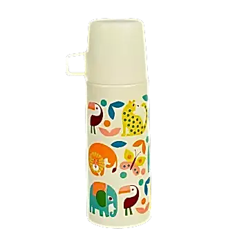 Small white stainless steel flask with cream plastic cup featuring colourful illustrations of wild animals