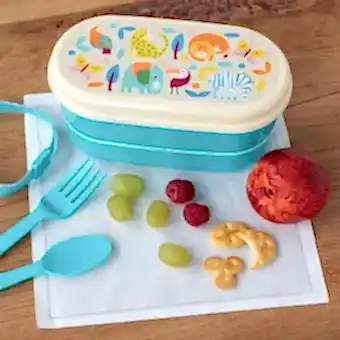 Turquoise plastic bento box with cream lid and middle tray featuring colourful illustrations of wild animals