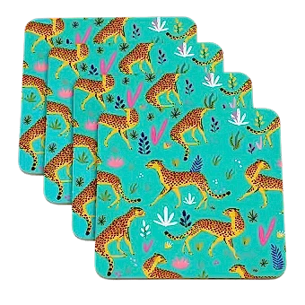 Four turquoise wood and cork coasters featuring cheetah pattern