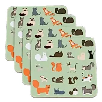 Four light green wood and cork coasters featuring cat pattern