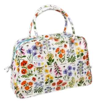 White oilcloth weekend bag with wild floral pattern