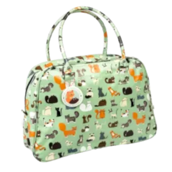 Light green oilcloth weekend bag with illustrations of cats