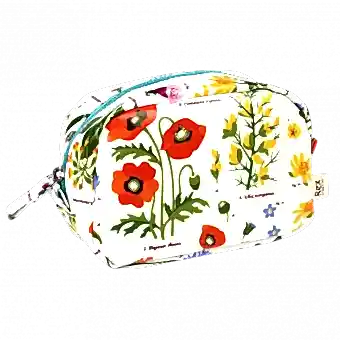 White oilcloth makeup bag with wild floral pattern