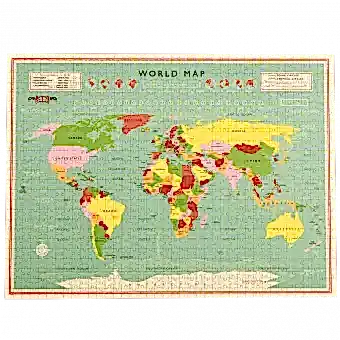 Completed 1000 piece jigsaw puzzle with print of world map