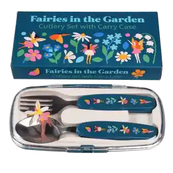 Stainless steel fork and spoon with dark blue plastic handles featuring print of fairies and flowers in plastic carry case