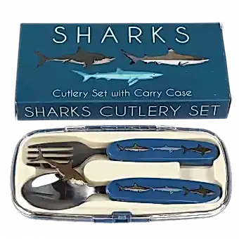 Stainless steel fork and spoon with dark blue plastic handles featuring pictures of sharks in plastic carry case