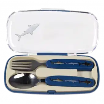 Sharks cutlery set in carry case with lid open