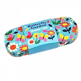 Light blue hardshell glasses case with print of butterflies amongst flowers