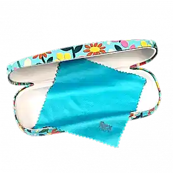Butterfly Garden glasses case open with included cleaning cloth in blue