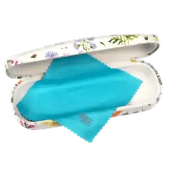 Wild Flowers glasses case open with included cleaning cloth in blue