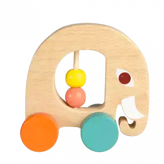 Multi-coloured wooden push along toy in shape of elephant with four wheels and two movable beads