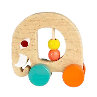 Multi-coloured wooden push along toy in shape of elephant with four wheels and two movable beads