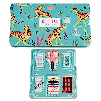 Sewing kit with card sleeve in turquoise and with cheetah print closed and open