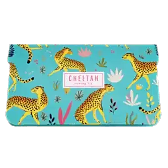 Sewing kit card sleeve in turquoise with cheetah print