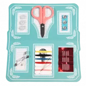 Sewing kit components: buttons, scissors, popper studs, safety pins, threads, needle threader and needles