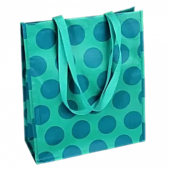 Recycled plastic shopping bag in turquoise with blue spots