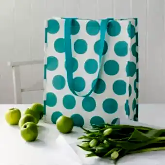 Recycled plastic shopping bag turquoise circles cream background