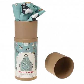 Best in Show recycled cotton apron slightly pulled out of cardboard tube with lid off