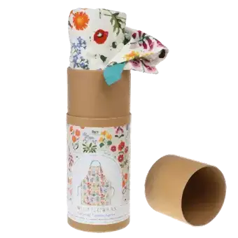 Wild Flowers recycled cotton apron slightly pulled out of cardboard tube with lid off