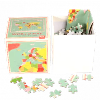 World Map puzzle pieces and guide sheet in box