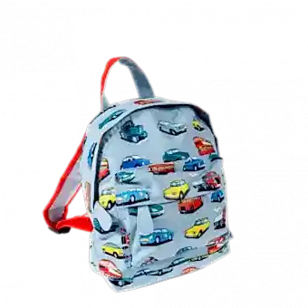 Mini children's backpack in light blue with red trim and print of vintage cars and other vehicles