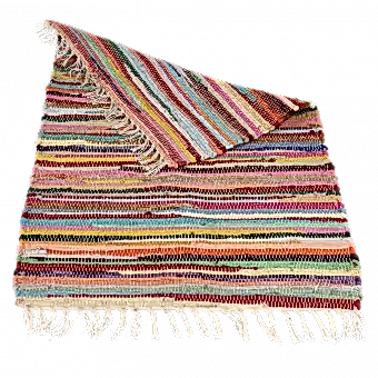 Multicoloured handloomed cotton rug with far end turned up to reveal base side