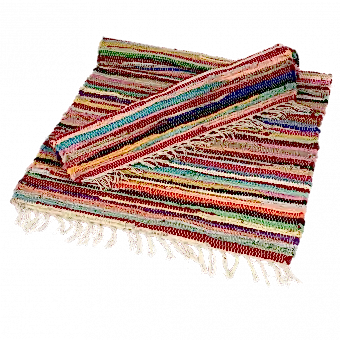 Multicoloured handloomed cotton rugs one rolled up and one partially rolled up