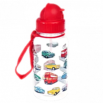 Children's water bottle with vintage cars and vehicles print, red lid and red carry strap