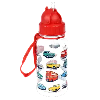 Children's water bottle with vintage cars and vehicles print showing straw