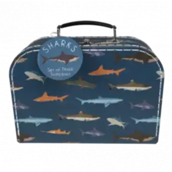 Cardboard storage case in dark blue with sharks print and white stitching and dark blue handle
