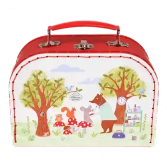 Wooden doctor's play set case in red with woodland animal surgery scene