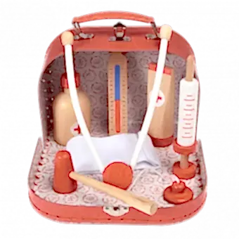 All wooden doctor's play set pieces in opened carrying case