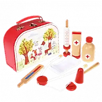 All wooden doctor's play set pieces with carrying case