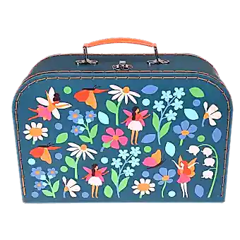Tea party set carrying case in dark blue with fairies among flowers print