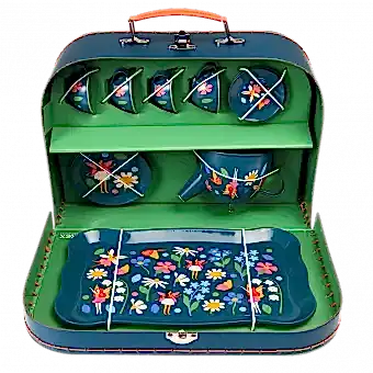 Metal tea party set pieces secured inside carrying case lid down
