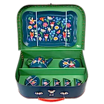 Metal tea party set pieces secured inside carrying case lid up