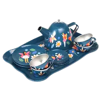 Fairies in the Garden tea party set with pieces stacked on serving tray