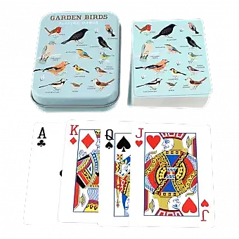 Standard deck of playing cards with print of garden birds on blue background on backs plus metal tin