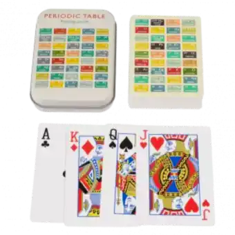 Standard deck of playing cards with print of periodic table on ecru background on backs plus metal tin