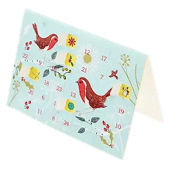 Winter Walk miniature advent calendar card with doors opened to reveal images behind