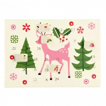 50s Christmas miniature advent calendar card with some doors opened to reveal images behind