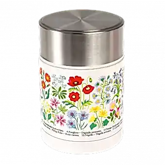 Stainless steel food flask in white with print of British wild flowers