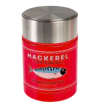 Stainless steel food flask in red with mackerel fish branding