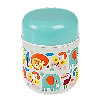 Children's stainless steel food flask in white with print of colourful wild animals and teal lid